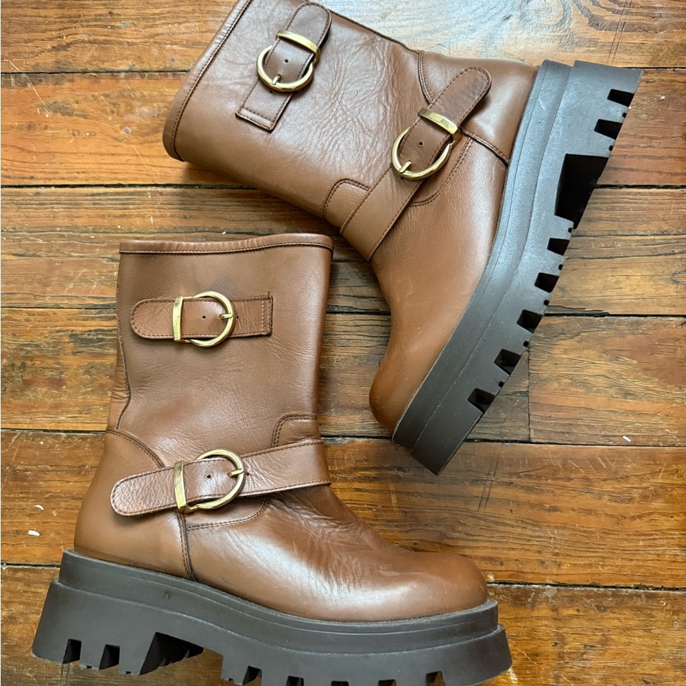 Maeve Brown and Black Combat Boots with Buckle Straps